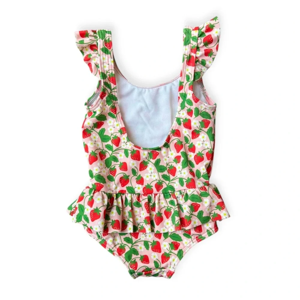 Baby Boden Strawberry Swimsuit Ruffle One Piece Girls 3-6M Flutter Sleeve